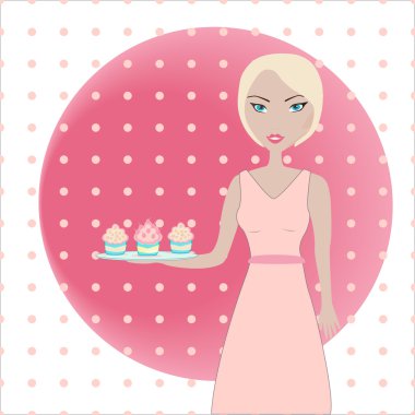 sevimli kız kekler tepsi tutarak