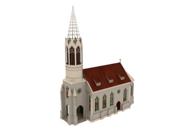 Beyaz arka plan üzerinde yüksek çözünürlüklü izole bir taş Hıristiyan Kilisesi 3d