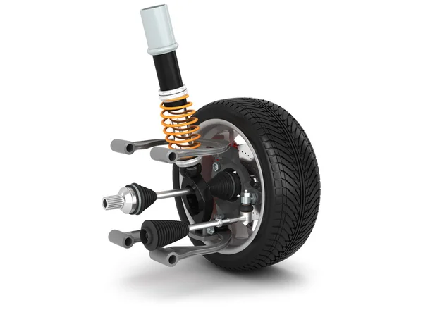 Wheel, shock absorber and brake pads — Stock Photo, Image