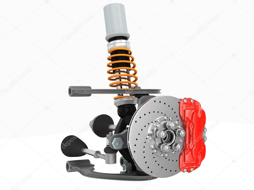 Wheel, shock absorber and brake pads isolated on white background High resolution 3d