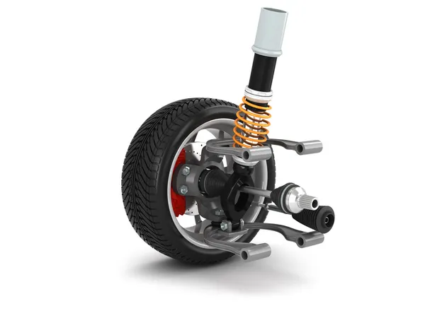 Wheel, shock absorber and brake pads — Stock Photo, Image