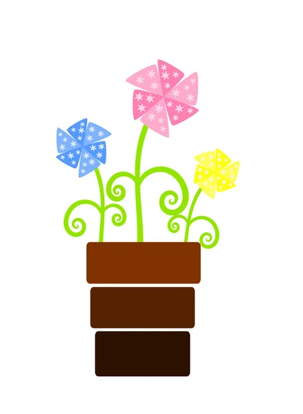 Tři barevné fan květiny v květináč — Stockový vektor