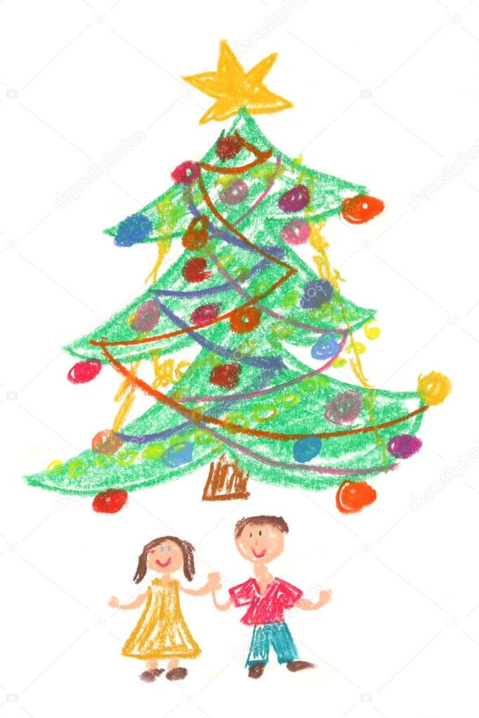 Children and Christmas tree - drawing