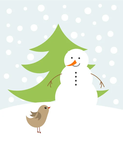 Christmas snowman and bird — Stock Vector