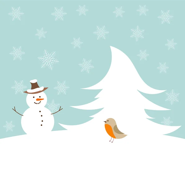 Weihnachten Schneemann und Vogel — Stockvektor