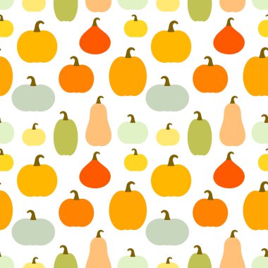 Balkabakları çeşitli şekillerde ve renklerde pürüzsüz desen. Vektör illüstrasyonu.