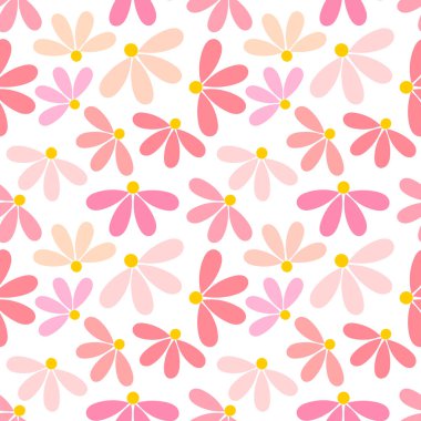 Beyaz arka planda pembe çiçekler, pürüzsüz desen. Vektör illüstrasyonu