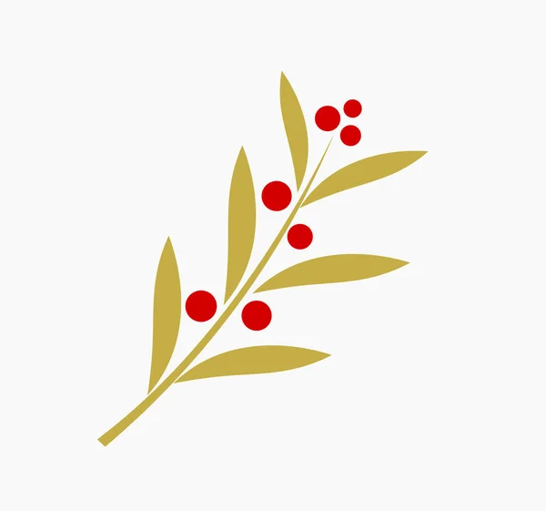 Christmas Mistletoe Gold Branch Red Berries Vector Illustration — Stock Vector
