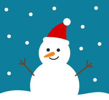 Kış manzaralı Noel Baba şapkalı mutlu kardan adam. Vektör illüstrasyonu.