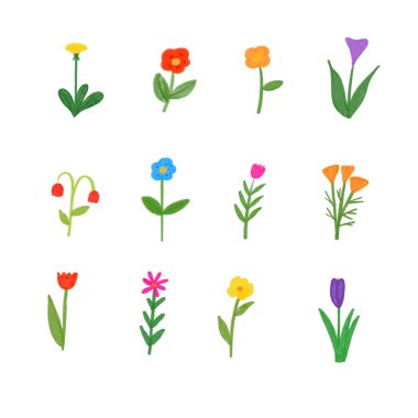 Hand drawn flowers set isolated on white background.