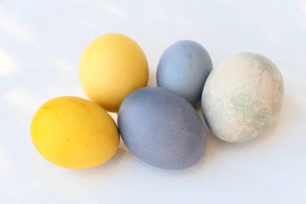 Painted Easter Eggs Colorful Pastel Collection Naturally Dyed Yellow Blue — Zdjęcie stockowe
