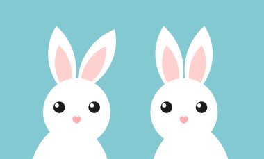 Cute white bunnies twins on blue background. Animals vector illustration.