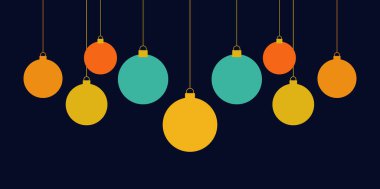 Noel topları arka planda süslenir. Noel afişi tasarımı. Vektör illüstrasyonu.
