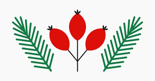 Rozenbottel Fruit Sparren Takken Kerst Symbolen Geïsoleerd Wit Vectorillustratie — Stockvector