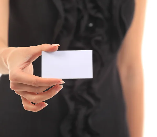 Κορίτσι σε μια επαγγελματική κάρτα - απομονωθεί πάνω σε λευκό φόντο — Φωτογραφία Αρχείου