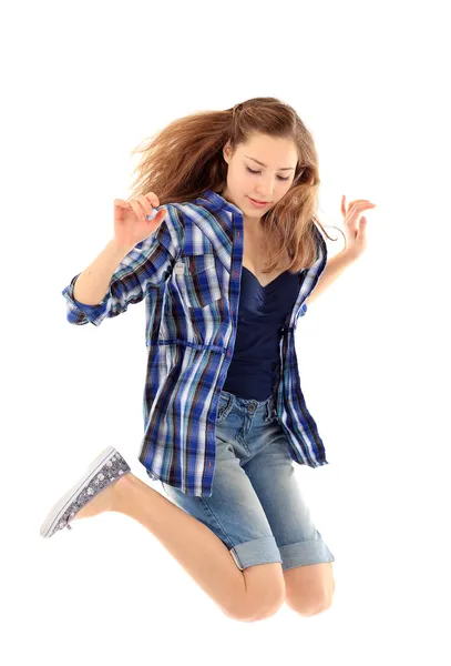 Retrato de menina saltando isolado sobre fundo branco — Fotografia de Stock