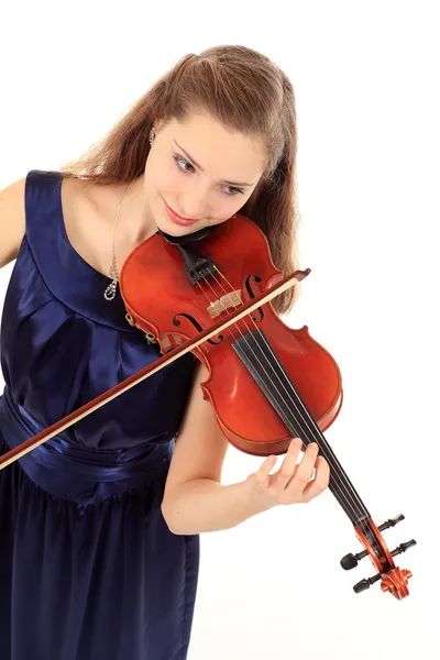 Ragazza carina con violino su un bianco — Foto Stock