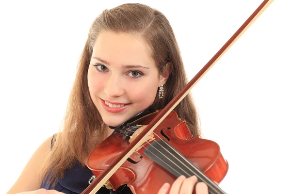 Menina bonito com violino em um branco — Fotografia de Stock
