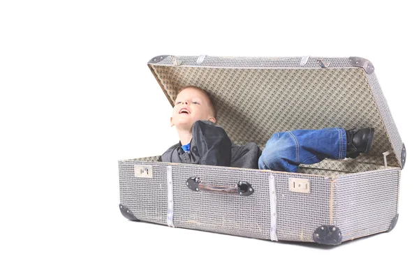 Baby in retro suitcase, white background — Stock Photo, Image