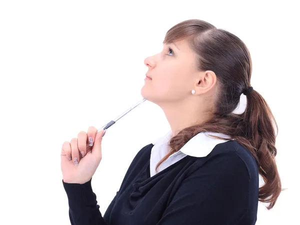 Nahaufnahme Porträt einer jungen Frau mit Stift isoliert auf weiß — Stockfoto