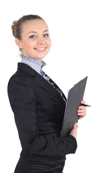 Mulher de negócios bonita alegre com escrita da prancheta, isolat Fotografias De Stock Royalty-Free