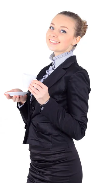 Mujer de negocios con taza de café, fondo blanco — Foto de Stock