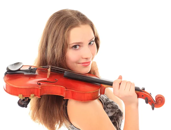 Ragazza carina con violino su un bianco — Foto Stock