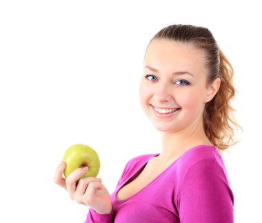 spor giyim izole wh üzerinde apple ile neşeli genç kadın