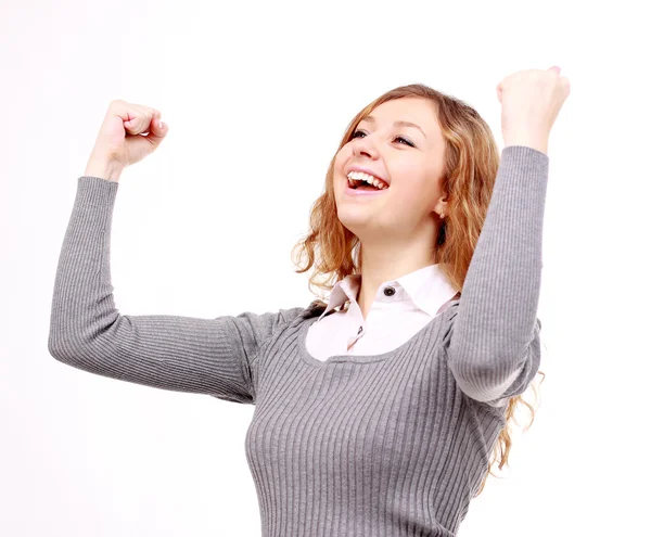 Schöne, glückliche Frau erhobene Hände, weißer Hintergrund — Stockfoto