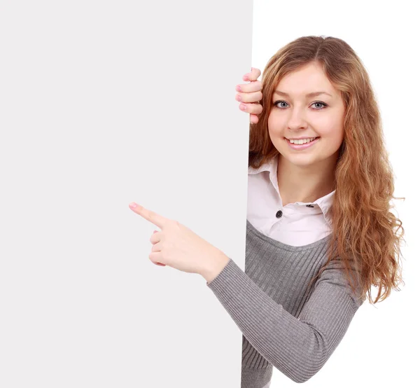 Frau mit Schild - Porträt einer schönen Frau mit einem bla — Stockfoto