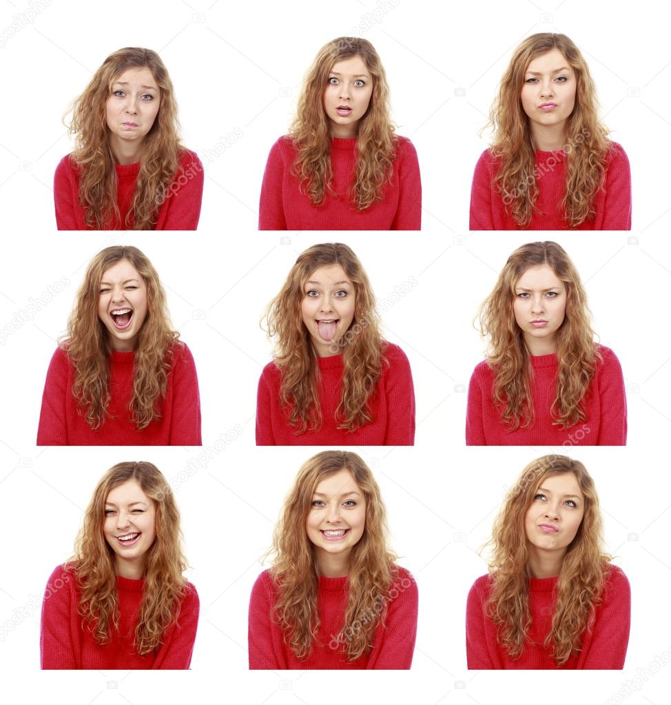 girl emotional attractive set make faces isolated on white backg