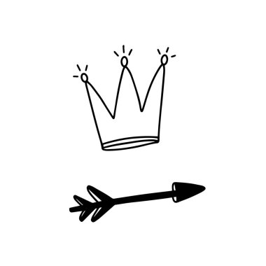 Taç ve ok perisi ekipman simgeleri vektör illüstrasyonu