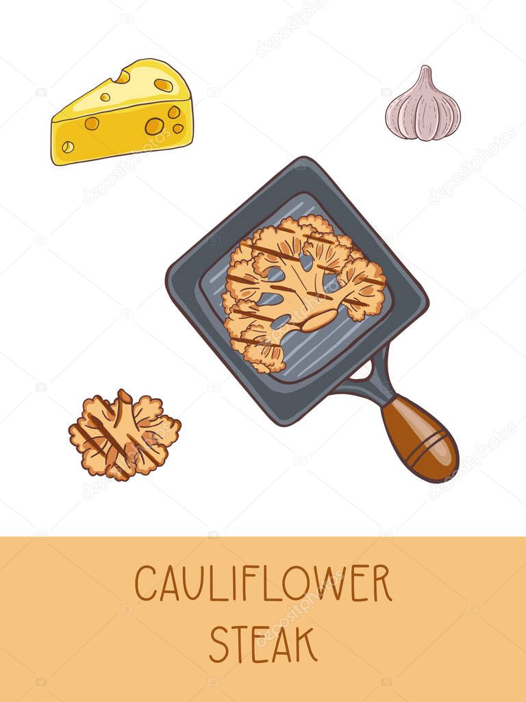 Cauliflower steak banner vector illustration. Cabbage, garlic, cheese ingredients for great dinner delicious
