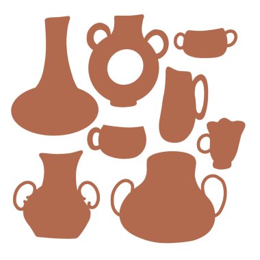 Pots icons set on pottery workshop. Clay pots icons vector illustration. Pottery school, ceramic cources