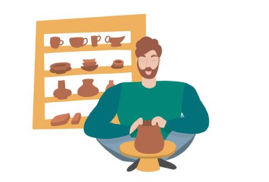 Men decorating pot on pottery workshop