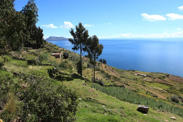 Dorp en terras landbouw op eiland titicaca meer taquile — Stockfoto