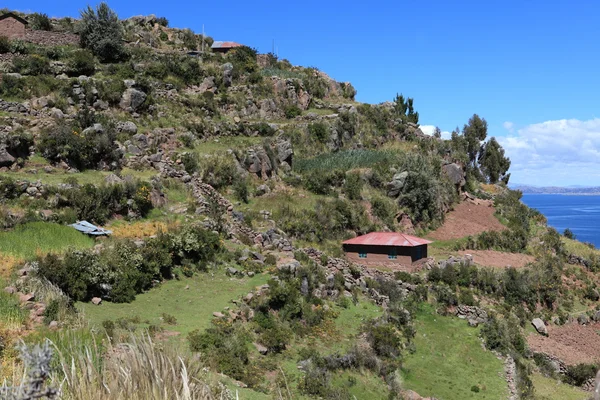 Village and Terrace Farming at Island Taquile Lake Titicaca — Stock Photo, Image