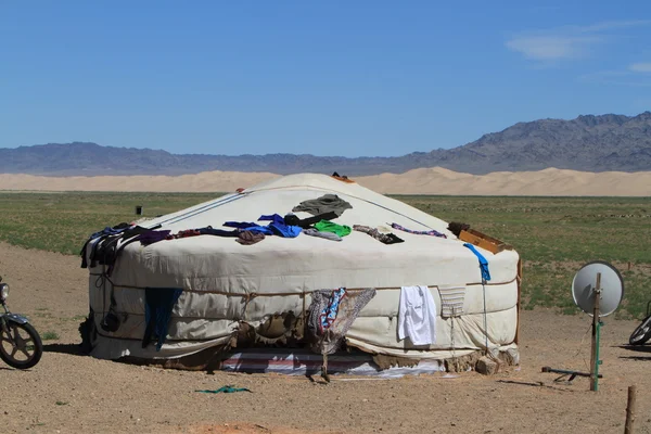 Yurt Camp in the Mongolian Desert Stock Image