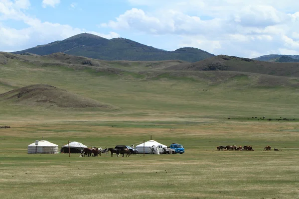 Villaggio Yurt nella steppa mongola — Foto Stock