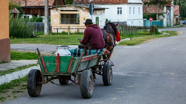 Hästvagn Och Bonde Biertan Rumänien Augusti 2021 — Stockfoto