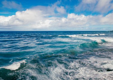 Dalgalı mavi deniz ve berrak mavi gökyüzü.