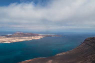 Lanzarote 'nin kuzeyindeki Kanarya Adaları La Graciosa manzaralı uçurumların görüntüsü.