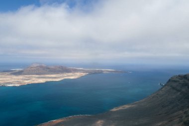 Lanzarote 'nin kuzeyindeki Kanarya Adaları La Graciosa manzaralı uçurumların görüntüsü.