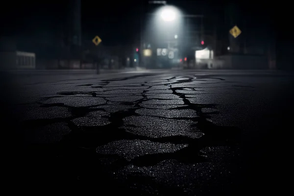 Black asphalt road and empty dark street scene background. Cracked asphalt and curve road.Road lines. Digital art