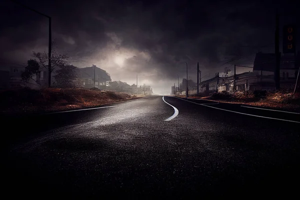 Black asphalt road and empty dark street scene background. Cracked asphalt and curve road.Road lines. Digital art