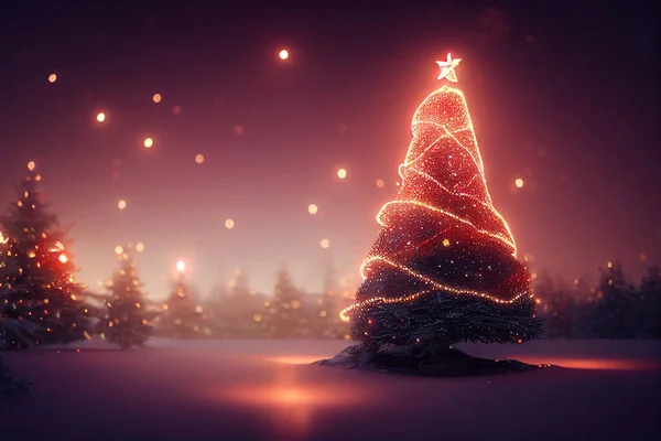 Digital illustration of magic christmas tree against snowy landscape with fir trees and shining stars in the sky background