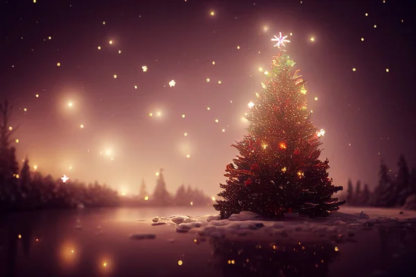 Digital illustration of magic christmas tree against snowy landscape with fir trees and shining stars in the sky background