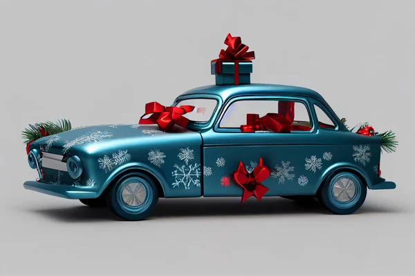 Blue retro toy car delivering Christmas or New Year gifts on festive gray background