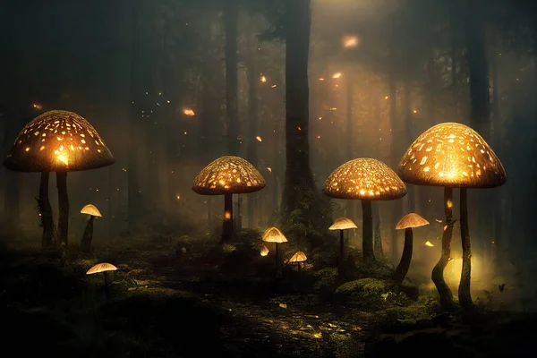 Glowing mushroom lamps with fireflies in magical dark forest