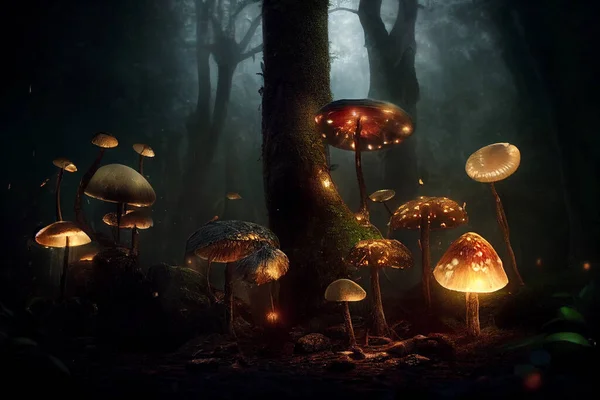 Glowing mushroom lamps with fireflies in magical dark forest